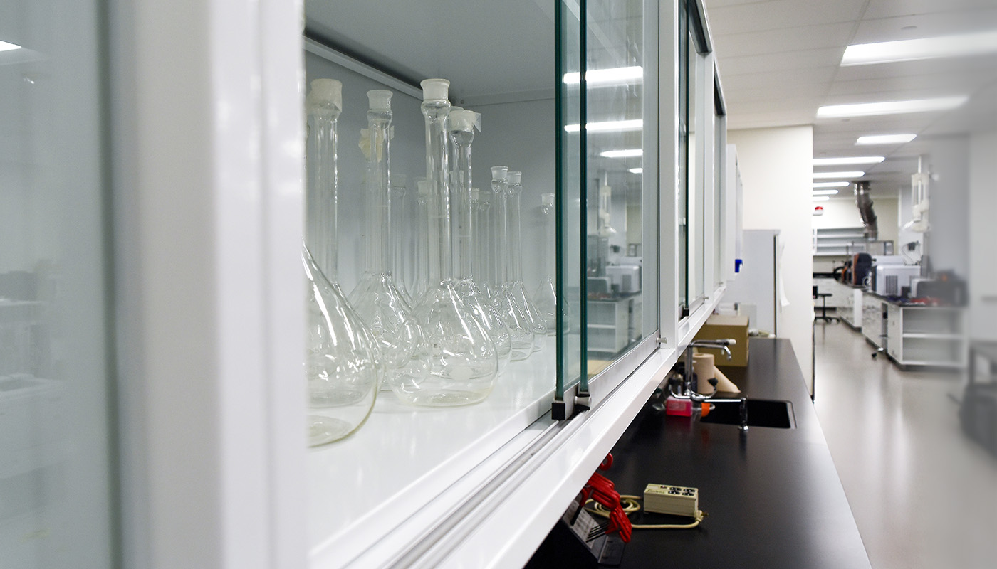Chemistry flasks in a lab