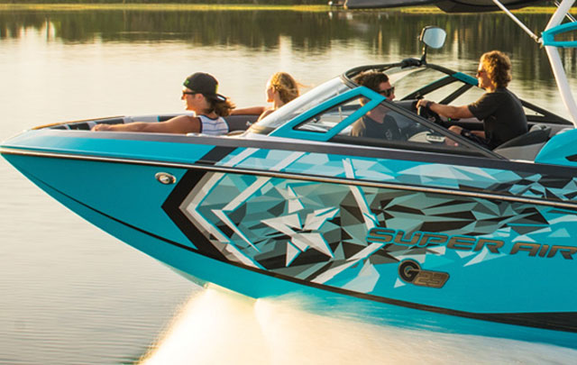 speed boat with people on it, displaying boat material