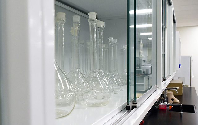 Chemistry flasks in a lab
